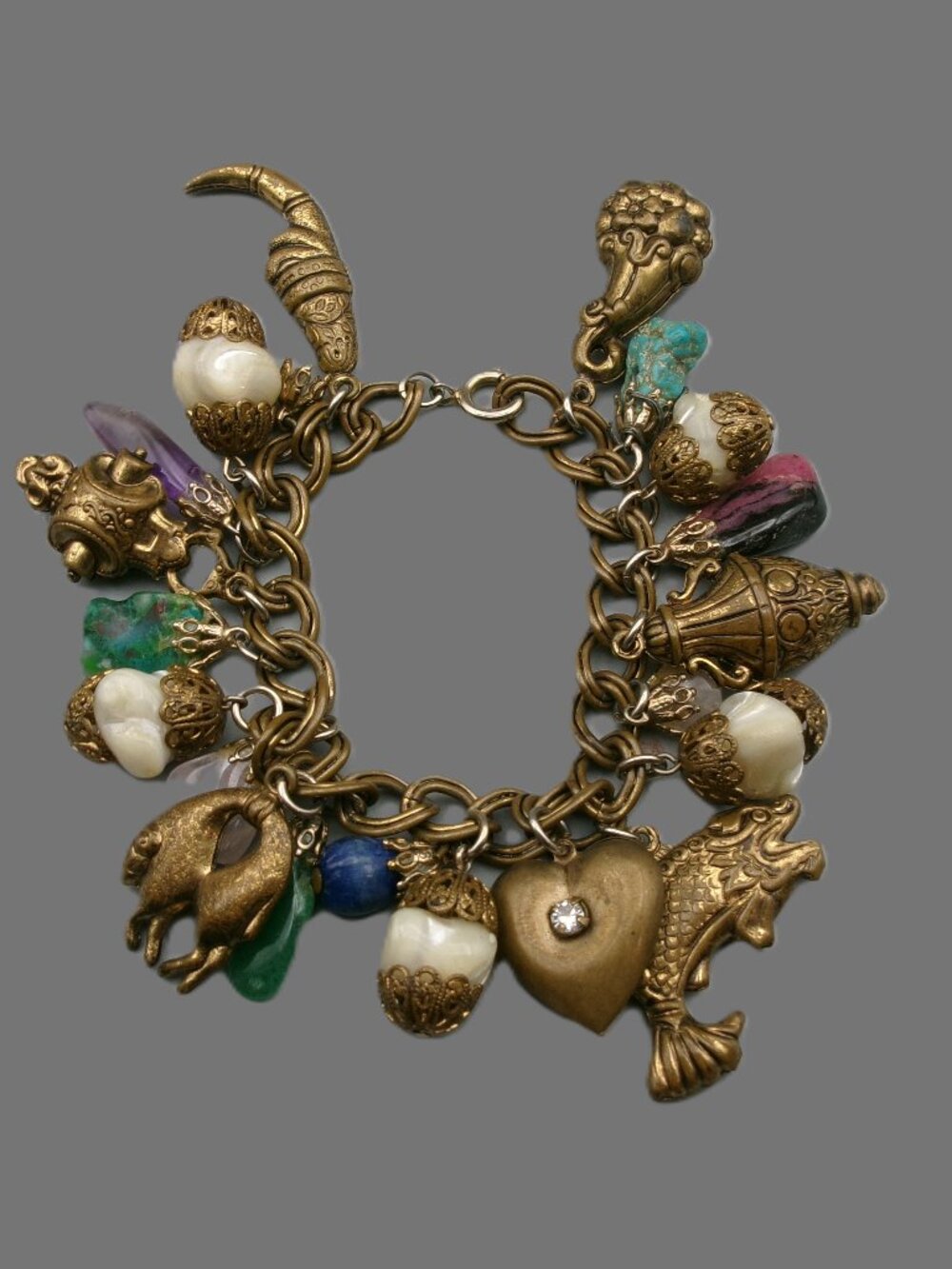 Vintage HOB Co Loaded Mother of Pearl, Jade Figural Charm Bracelet, Asian Motif